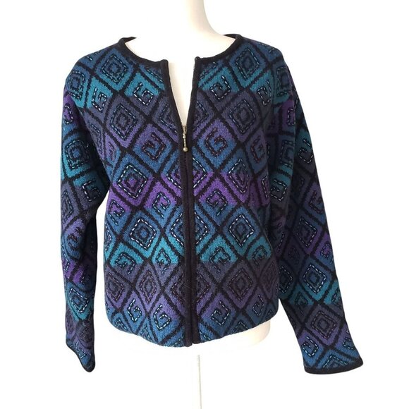 Vtg Y2K Icelandic Design Women's Wool Diamond Pattern Zip-Up Cardigan Jacket LG - Picture 13 of 16